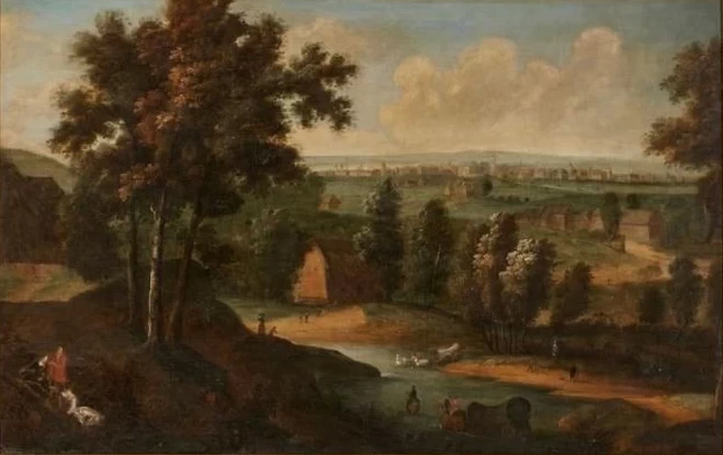 Johann Christian Vollerdt - Ampio paesaggio fluviale con figure